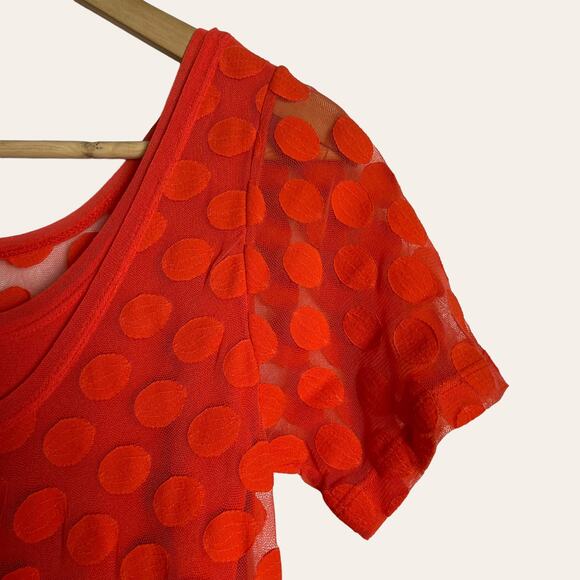 Fuzzi Short-Sleeve Asymmetric-Hem Dotted Orange Midi Dress Size L - Picture 5 of 8